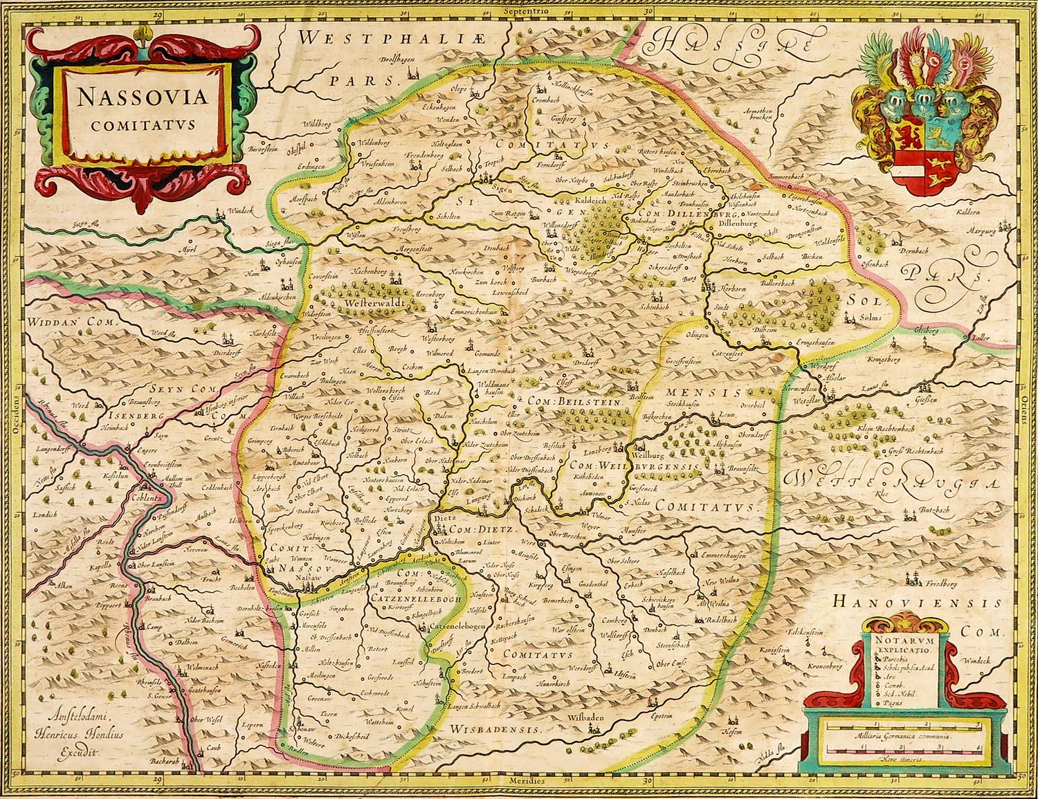 Hendrik Hondius - Handgekleurde kopergravure, Nassovia Comitatus kopen? Bied vanaf 35!