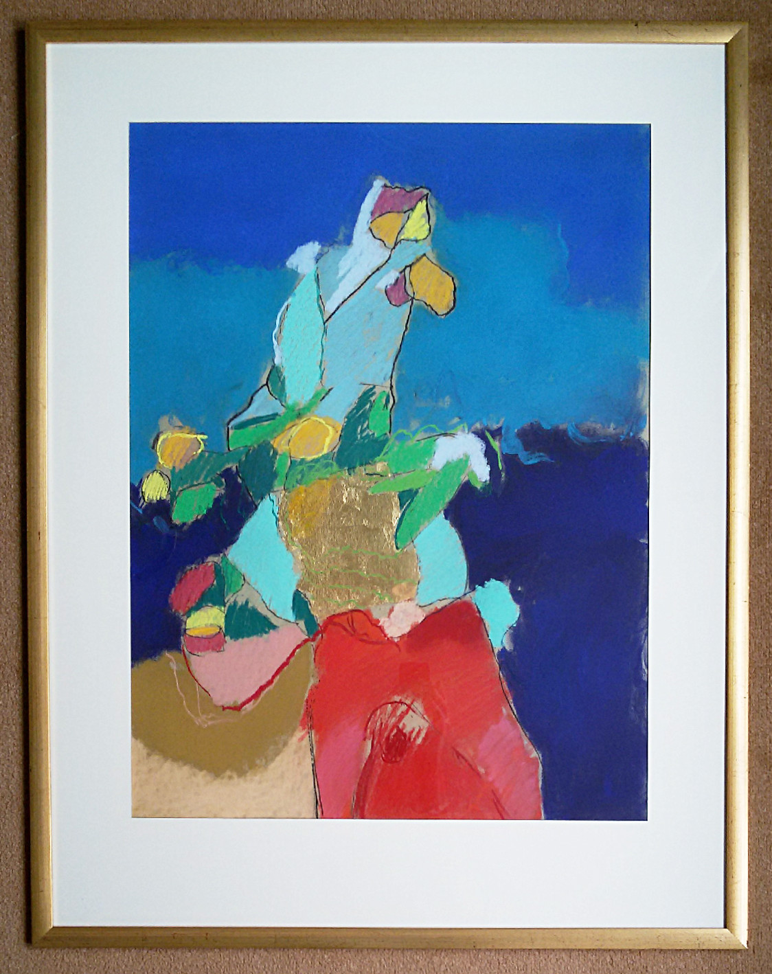 Henk van Vessem - Stilleven, pastelkrijt en bladgoud op papier (mooi ingelijst, groot) kopen? Bied vanaf 75!