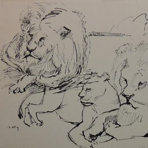 Wim Motz - 4 tekeningen van leeuwen/leeuwinnen kopen? Bied vanaf 45!