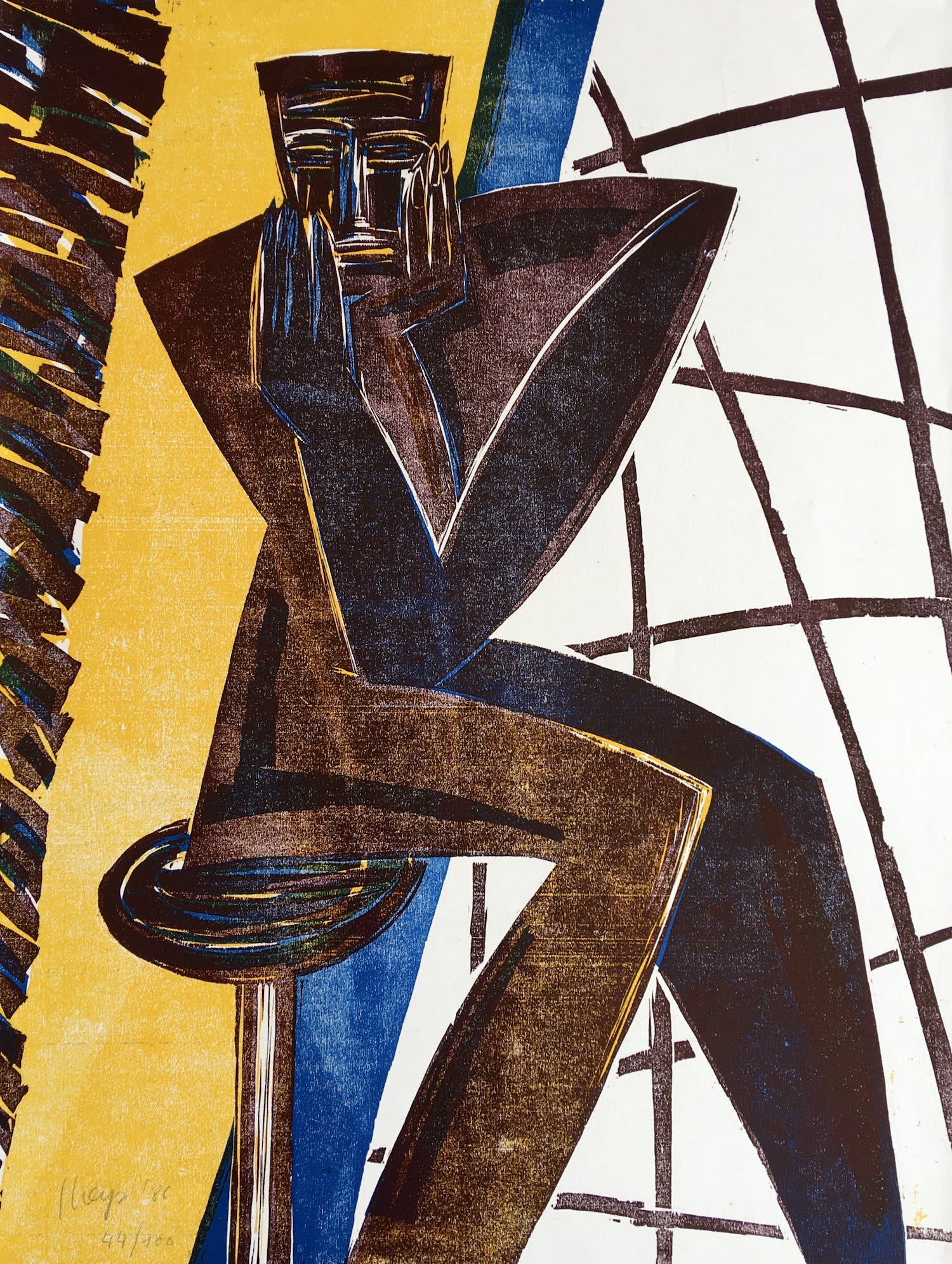 Yvan Theys - ‘Zittende figuur’ - houtsnede - 1986 kopen? Bied vanaf 75!