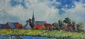 Jan Dekker - Kleurrijk landschap met dorphe aan water kopen? Bied vanaf 75!