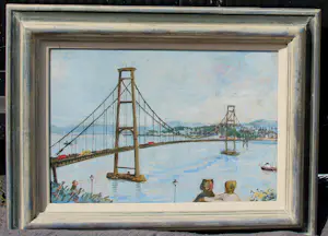 Harm Kamerlingh Onnes - Ingelijste olieverf: Gezicht op de Golden Gate Bridge te San Francisco - 1967 kopen? Bied vanaf 1500!