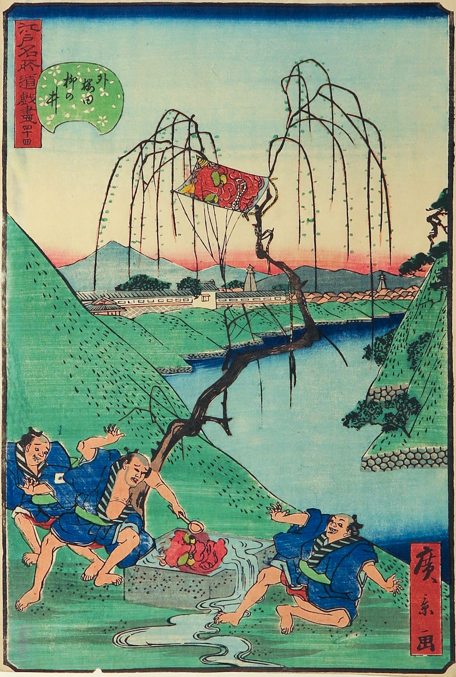 Ando Hiroshige - Houtdruk, Drie geschrokken mannen kopen? Bied vanaf 35!