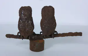 Paul Beckers - Drie sculpturen van ijzer en terracotta, Vogels (Ibis, Oehoe en uiltjes) + boek! kopen? Bied vanaf 250!