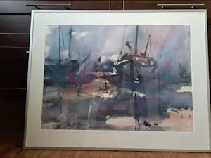 Jan Velthuis - Jan Velthuis: Aquarel, Drooggevallen schepen op het wad - Ingelijst kaufen? Bieten Sie von 175!