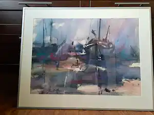 Jan Velthuis - Jan Velthuis: Aquarel, Drooggevallen schepen op het wad - Ingelijst verkocht voor € 225!