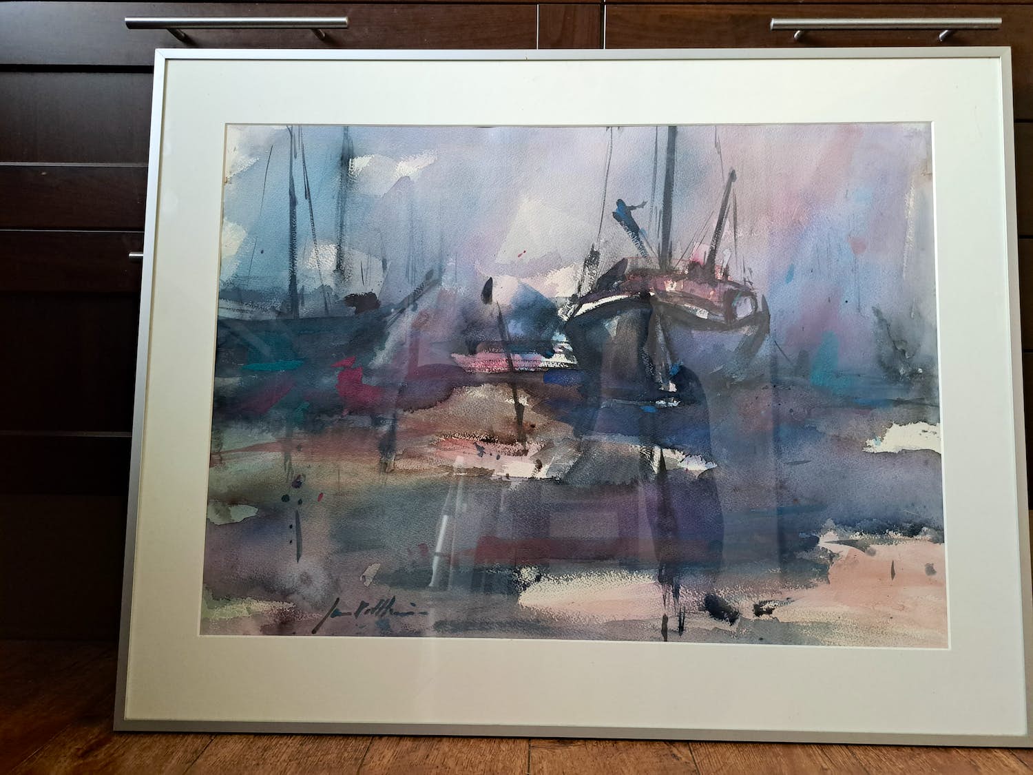 Jan Velthuis - Jan Velthuis: Aquarel, Drooggevallen schepen op het wad - Ingelijst verkocht voor € 175!