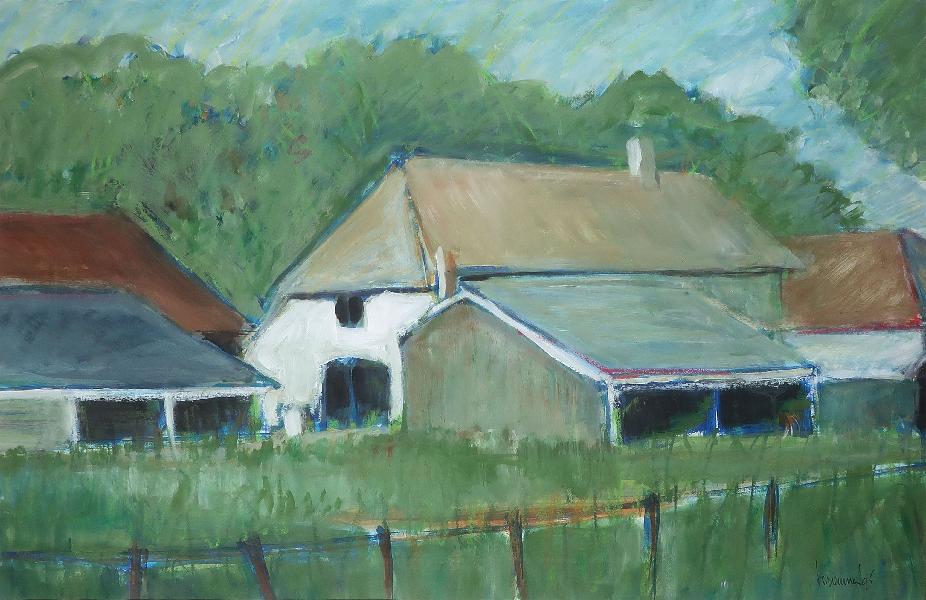 Ton Remmers - Gouache op papier, Landschap met boerderij - Ingelijst (Groot) kopen? Bied vanaf 40!