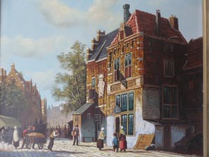 H.J Topman - Olieverfschilderij van een vroeg Hollands straatbeeld met mensen en gebouwen. kopen? Bied vanaf 35!
