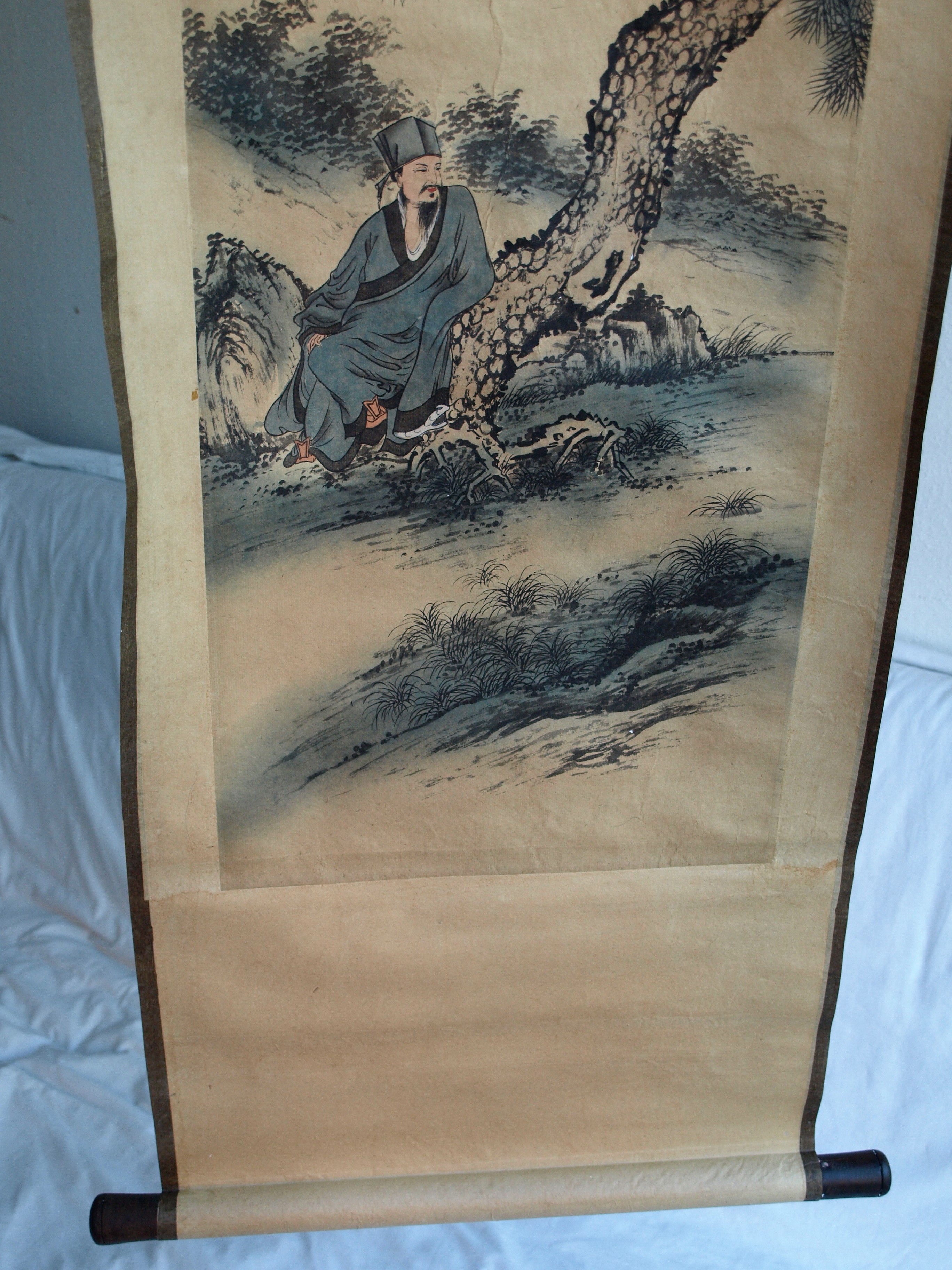 Niet of onleesbaar gesigneerd - Japanse of Chinese scroll, Man onder Boom - Aquarelverf en inkt op papier kopen? Bied vanaf 1!