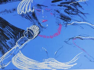 Dees De Bruyne - Femme Bleu avec collier rouge kopen? Bied vanaf 50!