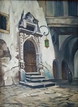 Niet of onleesbaar gesigneerd - olieverf, sfeervol beeld van oude straat kopen? Bied vanaf 1!