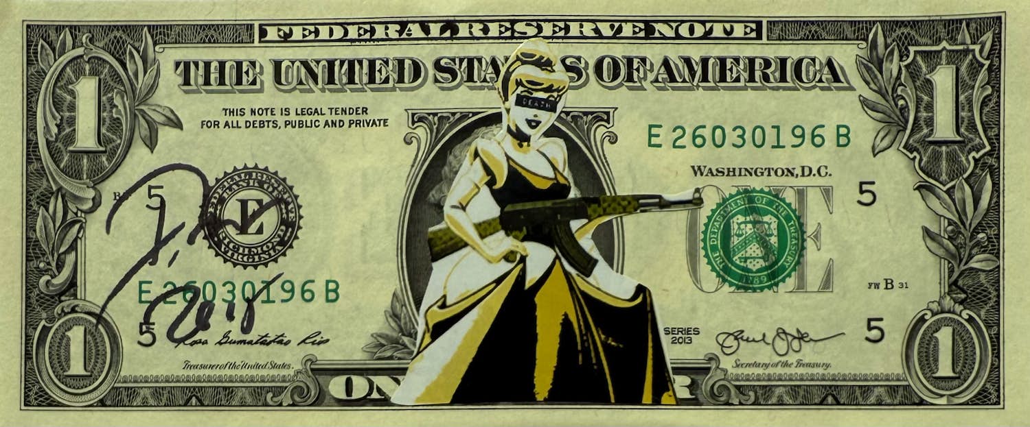 Death NYC - Collage op Amerikaanse Dollar | 'Cinderella / Louis Vuitton AK 47' | 2016 verkocht voor € 20!