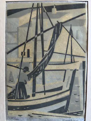 Geert Geerligs - linosnede: het inhalen van de netten kopen? Bied vanaf 25!