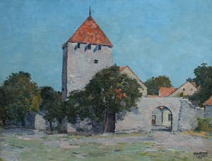 Johan Briede - olieverf op board - gezicht op Zweeds dorpje kopen? Bied vanaf 375!