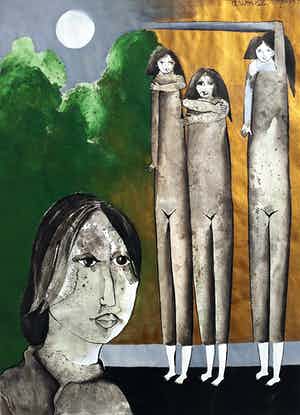 Ans Wortel - Hoewel ze op witte voetjes wonen…, gouache (ingelijst) verkocht voor € 350!