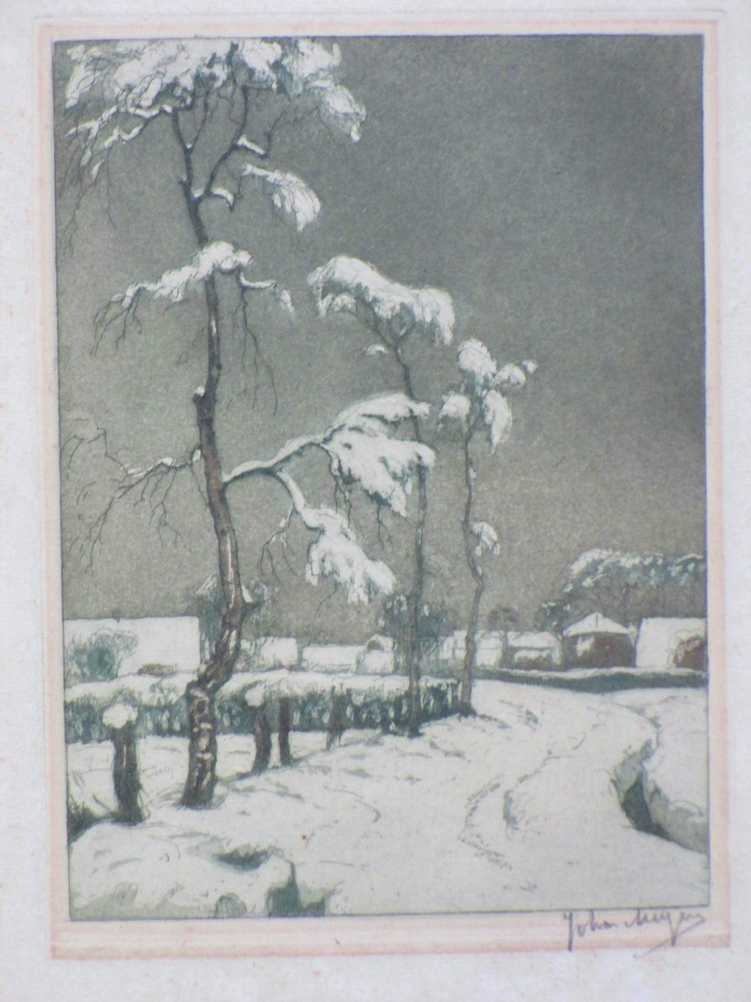 Johan Meijer - Landweg met boerderijen in de sneeuw - Ets kopen? Bied vanaf 40!