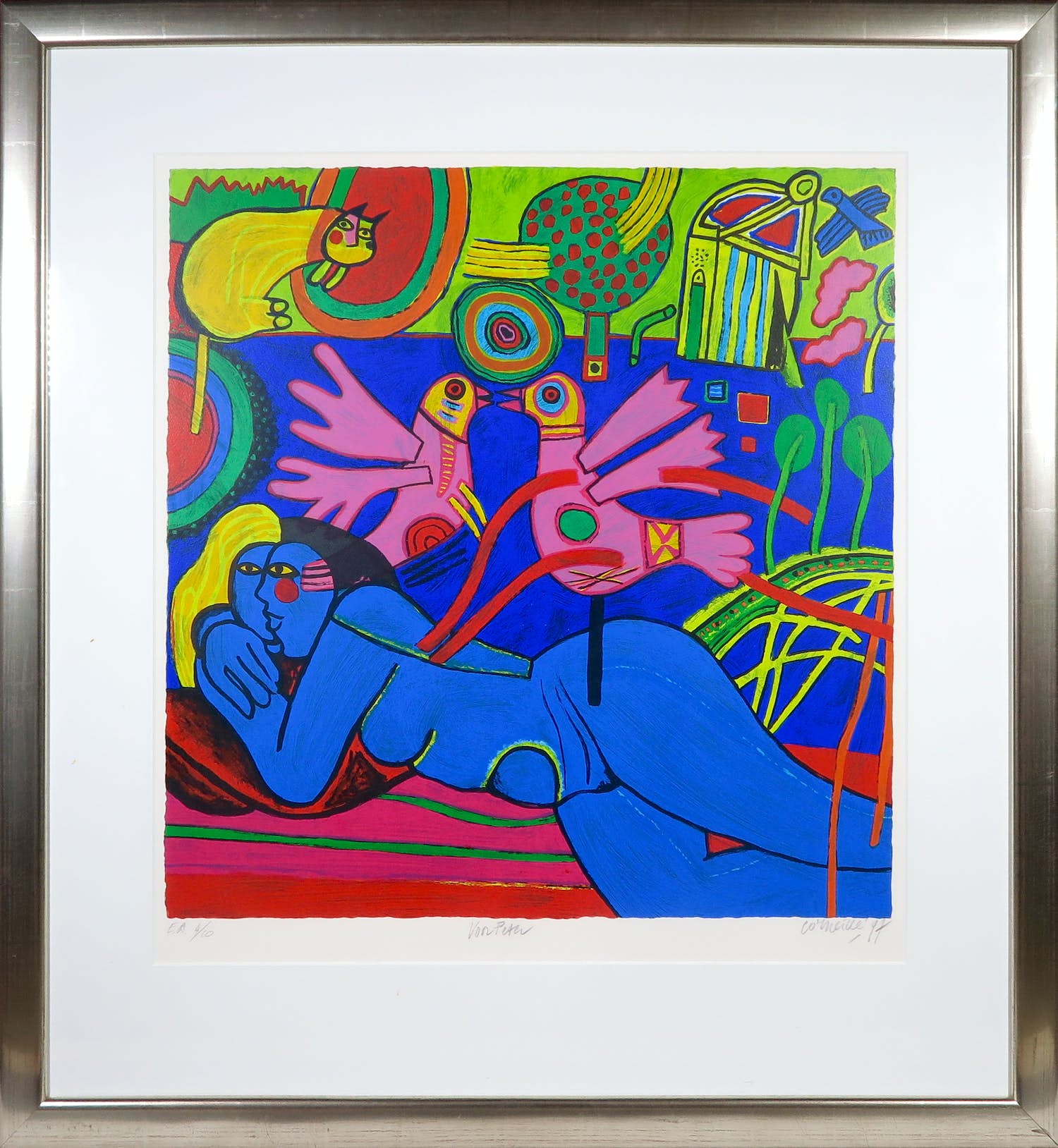 Corneille - Zeefdruk, Compositie met blauwe vrouw - Ingelijst (Groot) verkocht voor € 250!