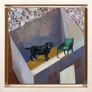 Marianne Roodenburg - Acryl op doek, Chatroom met hond - Ingelijst verkocht voor € 50!