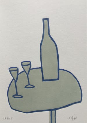 Klaas Gubbels - linosnede ‘Tafel met fles en glazen’ uit 1998 - oplage 125. kopen? Bied vanaf 195!