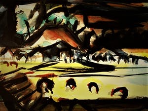 Niet of onleesbaar gesigneerd - Groot&Gesigneerd expressionistisch Aquarel "Avond Landschap" kopen? Bied vanaf 1!