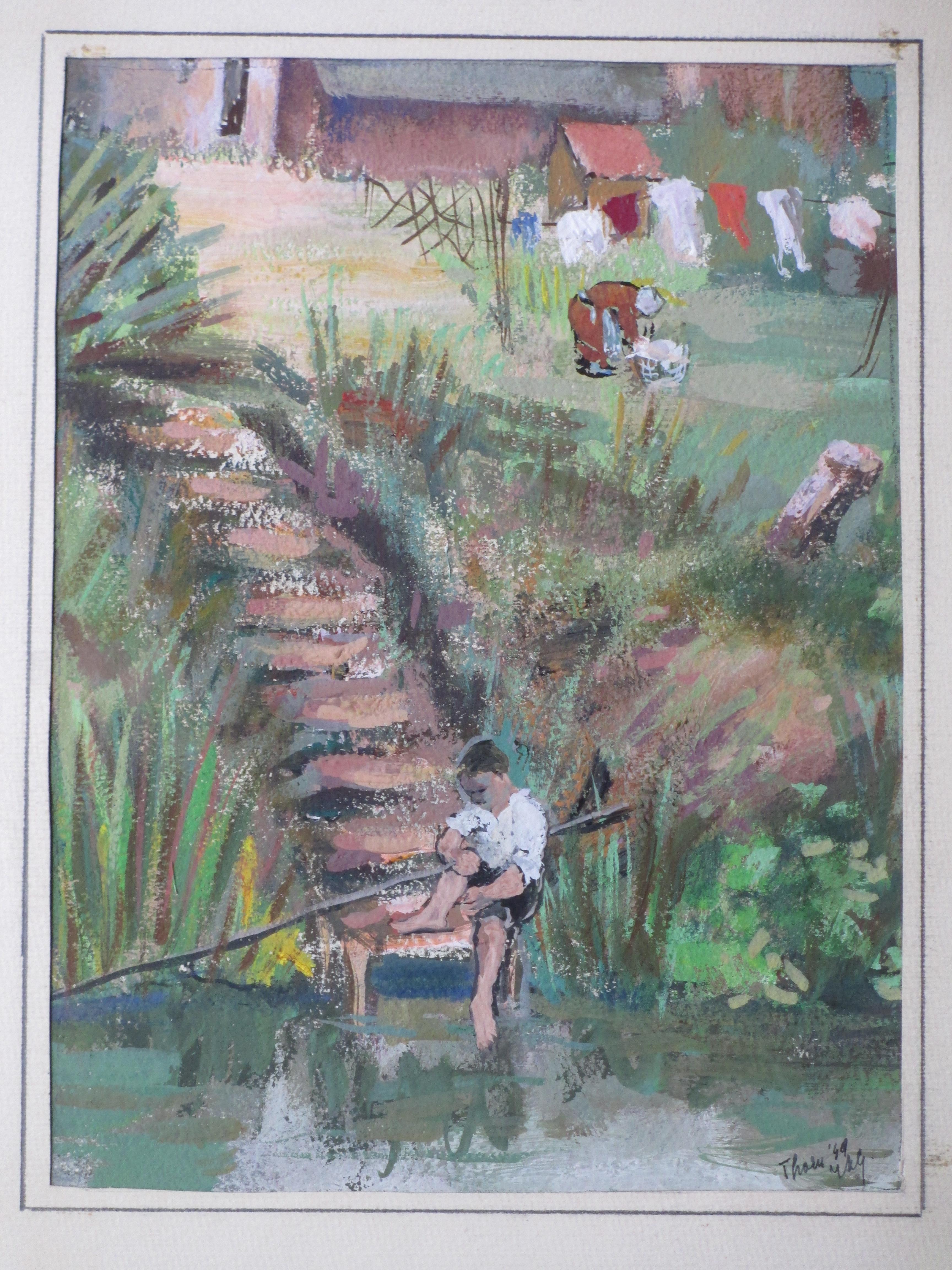 Niet of onleesbaar gesigneerd - Visser aan sloot in Thorn - Gemengde techniek kopen? Bied vanaf 1!