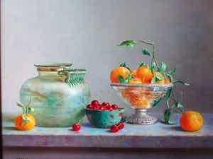 Hans Habraken - Stilleven glas, mandarijnen en kersen. verkocht voor € 875!