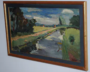 Gerard Wilhelm John van Apeldoorn - zonnig landschap aan een vaart - olieverfschilderij kopen? Bied vanaf 295!