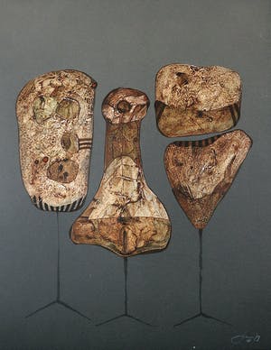 Rob Figee - Acryl, potlood en collage op papier, Menage a trois kopen? Bied vanaf 1!