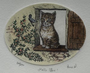 Niet of onleesbaar gesigneerd - 3 Ingelijste etsen met katten – gesigneerd Anna W. kopen? Bied vanaf 1!