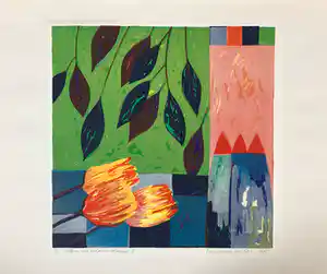 Fenneke van der Elst - Stilleven met tulpen en bladeren II verkocht voor € 38!