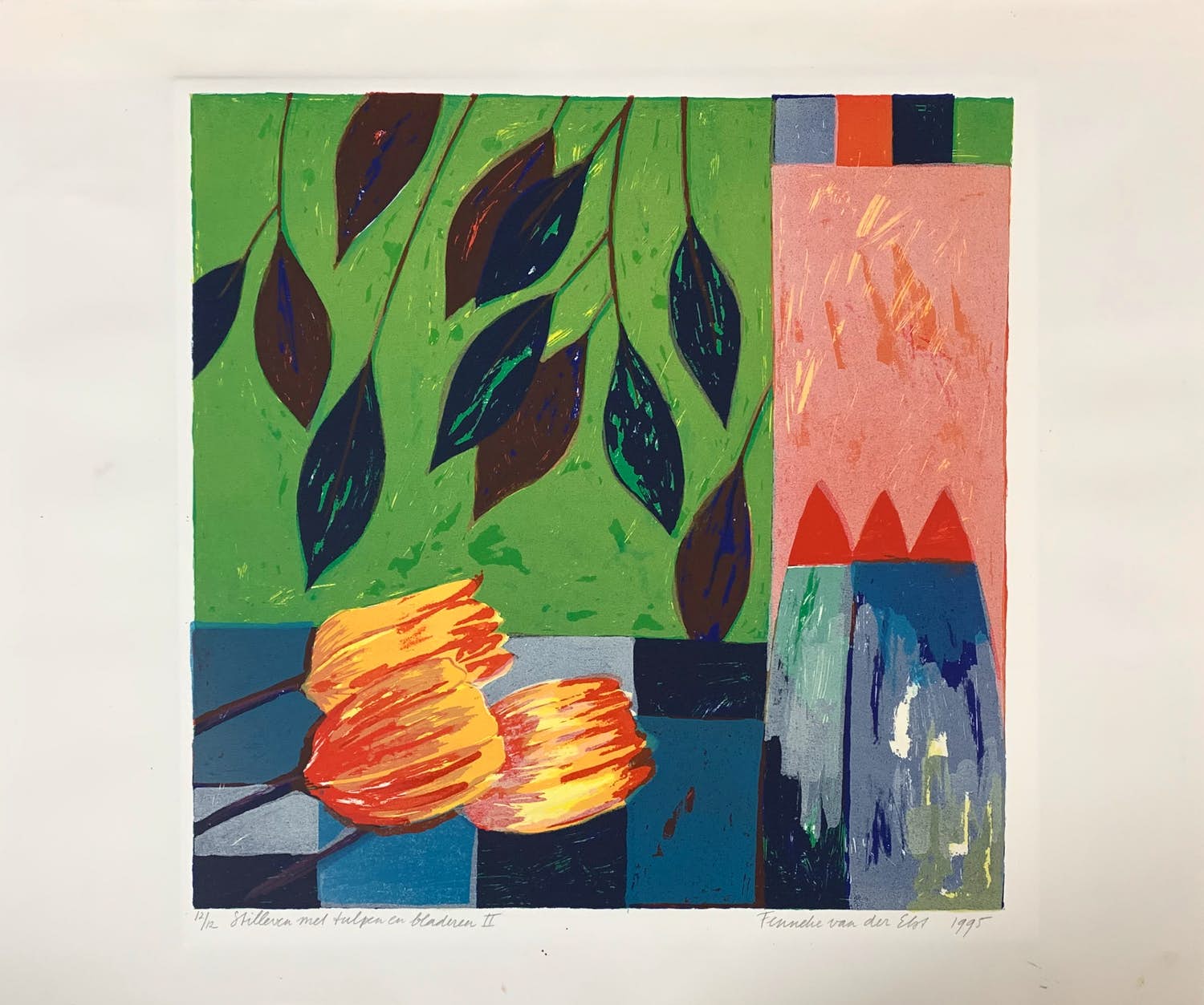 Fenneke van der Elst - Stilleven met tulpen en bladeren II verkocht voor € 38!