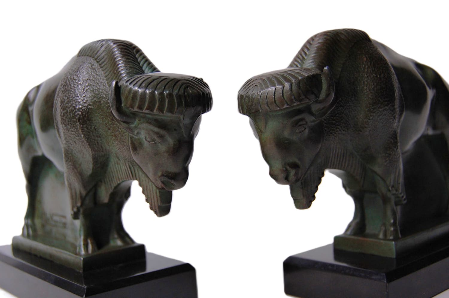 Max Le Verrier - Boekensteunen (2) - Gepatineerd metaal op marmer sokkel - Twee bizons kopen? Bied vanaf 750!