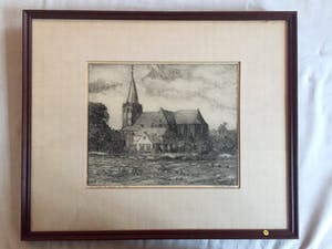 Wim van den Anker - Kerk te DRIEL - Ets, Ingelijst kopen? Bied vanaf 30!