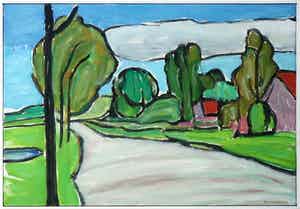 Paul Overhaus - Olieverf op doek, Polderweg - Ingelijst verkocht voor € 50!