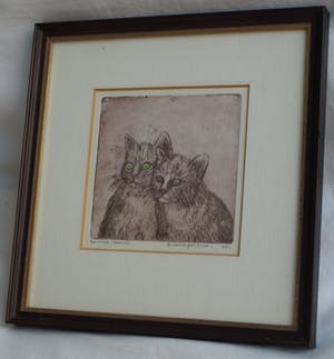 Ronnie Meerts - Ingelijste ets, “Dubbelportret”, 2 Poezen kopen? Bied vanaf 1!