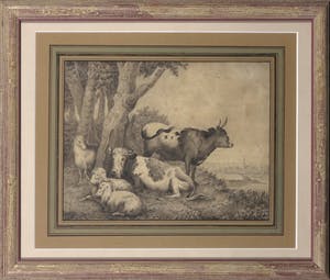 Niet of onleesbaar gesigneerd - Potlood en waterverf, Landschap met vee - Ingelijst kopen? Bied vanaf 10!