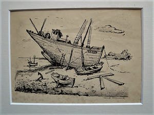 Henk Munnik - Nieuwe Haagse School -Ets - Aangespoelde vissersboot - gesigneerd kopen? Bied vanaf 1!