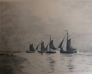 Carel Nicolaas Storm van 's-Gravesande - Bomschuiten in de branding met mensen op het strand. kopen? Bied vanaf 25!