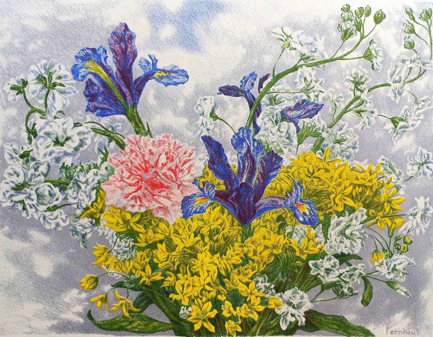Edgar Fernhout - Bouquet met irissen, litho - Gratis verzending! kopen? Bied vanaf 50!