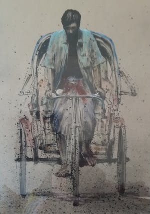 Niet of onleesbaar gesigneerd - origineel, sfeervol beeld van fietsende man, kleurrijk weergegeven kopen? Bied vanaf 1!