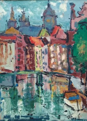 Niet of onleesbaar gesigneerd - Expressionistisch stadsgezicht te Amsterdam kopen? Bied vanaf 10!