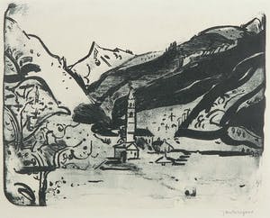 Jan Wiegers - Ets, Berglandschap met kerk kopen? Bied vanaf 50!