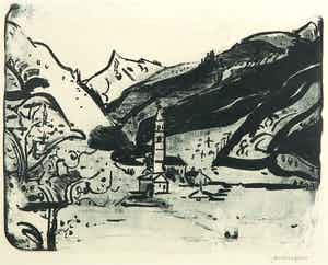 Jan Wiegers - Ets, Berglandschap met kerk verkocht voor € 50!