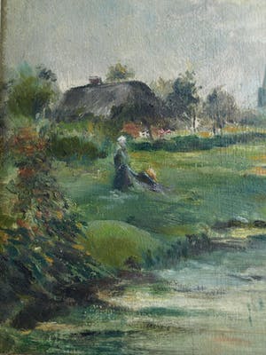 Niet of onleesbaar gesigneerd - Olieverf op paneel , Landschap met vrouw – ingelijst - oud kopen? Bied vanaf 1!