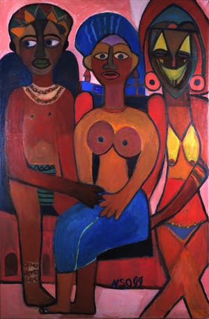 Marthe Nso Abomo - Acryl op doek, Le menage a trois - Ingelijst (zeer groot) kopen? Bied vanaf 200!