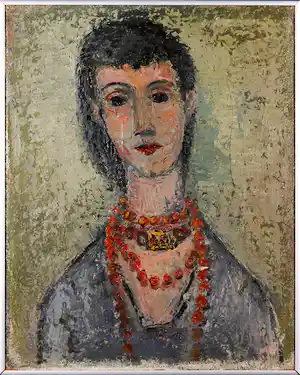 Jan Miechels - Olieverf op doek, Portret van jonge vrouw met kralenketting (1950) - Ingelijst verkauft für € 35!