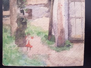 Adriaan de la Riviere - Vrouw met hondje bij een boerderij. kopen? Bied vanaf 35!