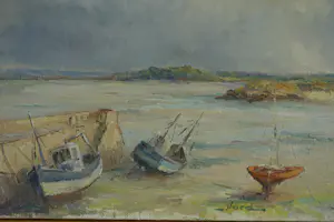Niet of onleesbaar gesigneerd - Drooggevallen scheepjes aan Frans strand kaufen? Bieten Sie von 10!