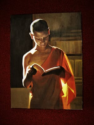 Niet of onleesbaar gesigneerd - Thailand - GROOT olieverf op doek "lezende jonge Monnik" gesigneerd kopen? Bied vanaf 1!